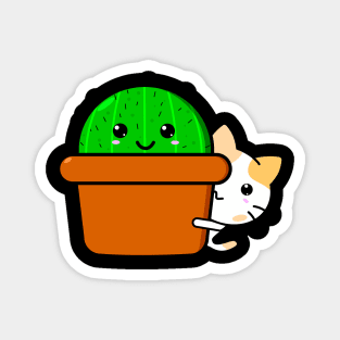 Cute Kawaii cat peeking out behind cactus Magnet