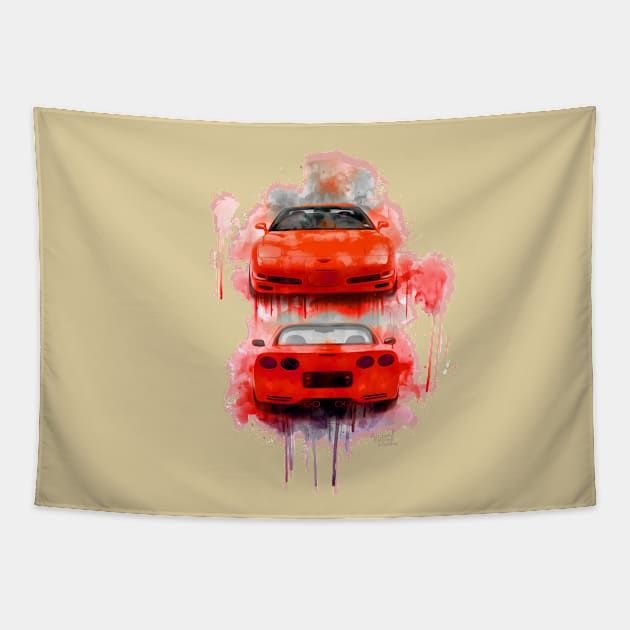 Red Corvette aqua splash Tapestry by AaaahEeeekStudio