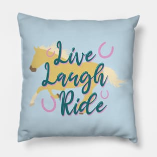 "Live Laugh Ride" Teal + Palomino Galloping Horse Silhouette Pillow