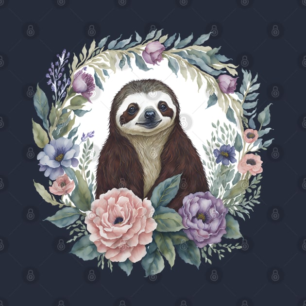 Sloth Portrait with Wreath Of Flowers Watercolor Mothers Day by BraaiNinja