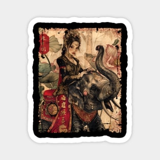 Asian Elephant with Woman Vintage Traditional Art Magnet