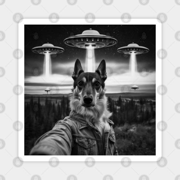 Selfie of Funny Dog And Aliens UFO Magnet by Megadorim