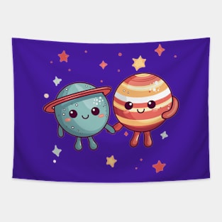 Cute Planets Holding Hands Tapestry