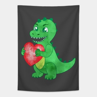Watercolor Green Dinosaur Hold Heart Valentine Tapestry