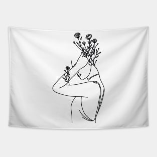 Flower Line Art Woman Tapestry