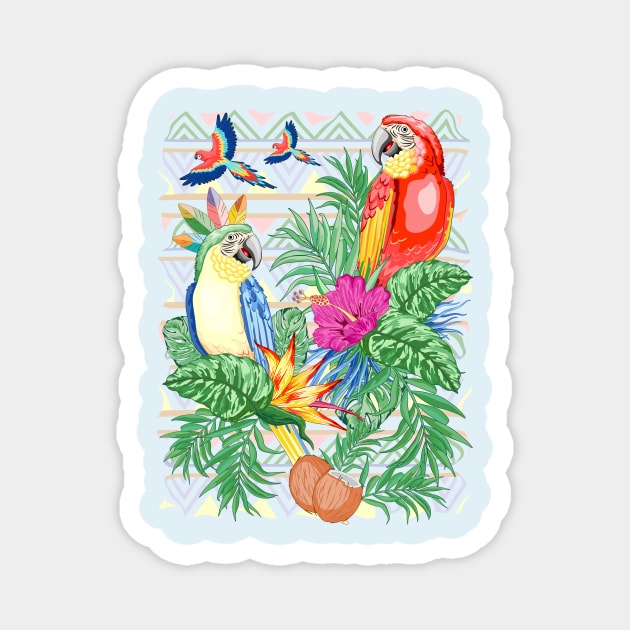 Macaws Parrots Exotic Birds on Tropical Flowers and Leaves Magnet by BluedarkArt