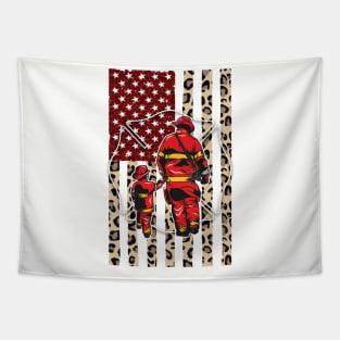 Firefighter with child leopard design flag Tapestry