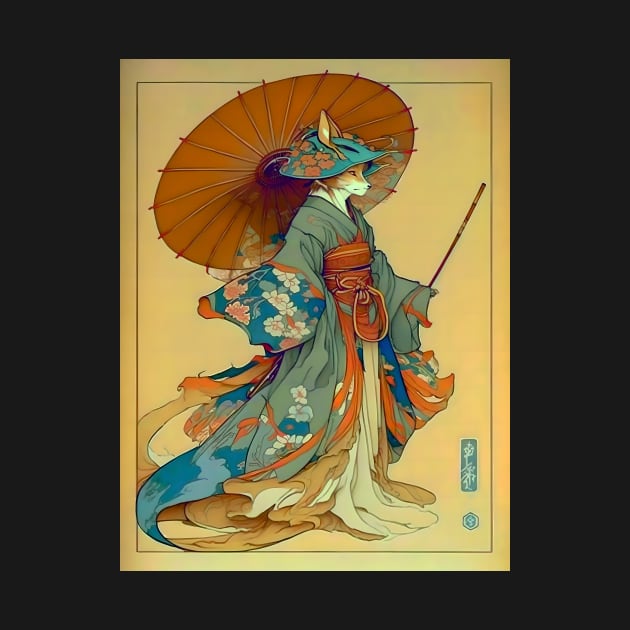 Vintage Art Nouveau Traditional Japanese Anthropomorphic Kitsune by entwithanaxe