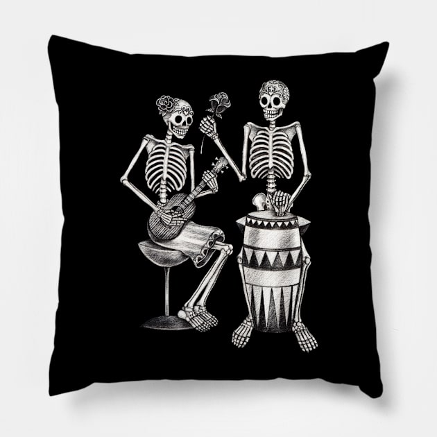 Sugar skull couple lover playing drum and ukulele celebration day of the dead. Pillow by Jiewsurreal