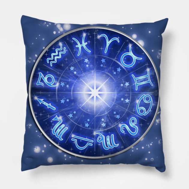 Zodiac Signs Blue Galaxy Circle Pillow by BluedarkArt