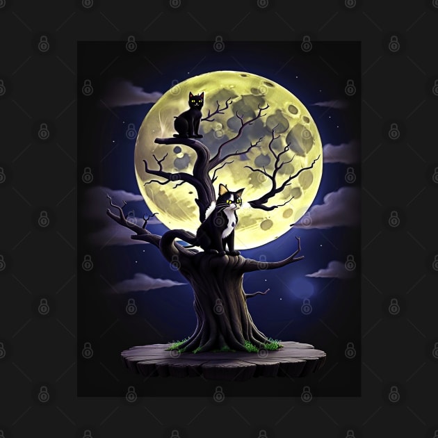 Vintage Black Cat On Scary Tree In Front of the Full Moon Halloween by masterpiecesai