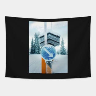 Snow-Covered Traffic Sign in Frozen Winter Landscape in Scandinavia Tapestry