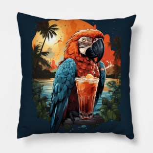 Colorful parrot drinking cocktail Pillow