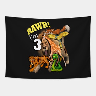 Birthday 3 Year Old Graphic Design Rawr I'm 3 Jungle Safari Tapestry