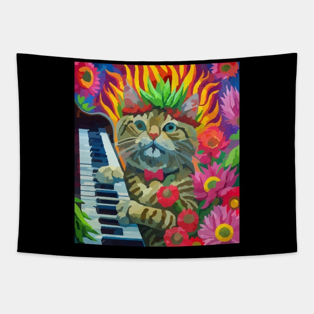 cat playing piano with nature Tapestry by Catbrat
