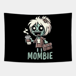 Mombie | Funny Zombie Illustration of a Tired Mom with Coffee | Mother's Day Funny Gift Ideas Tapestry