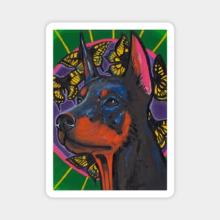 Black dog Doberman and machaon butterflies Magnet