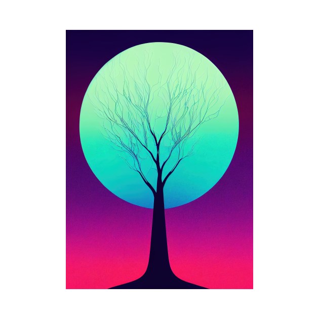 Lonely Tree Under a Blue Full Moon -Vibrant Colored Whimsical - Abstract Minimalist Bright Colorful Nature Poster Art of a Leafless Branches by JensenArtCo