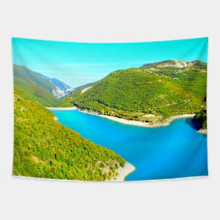 Scene from Lago di Fiastra with blue waters Tapestry