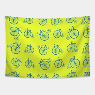 Blue Retro Bicycle Pattern on Yellow Background Tapestry