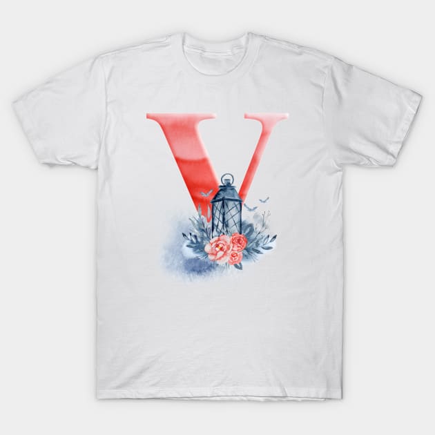 Floral Watercolor Monogram -V - Monogram V - T-Shirt