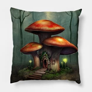 Magic Mushroom House in an Enchanted Forest Pillow