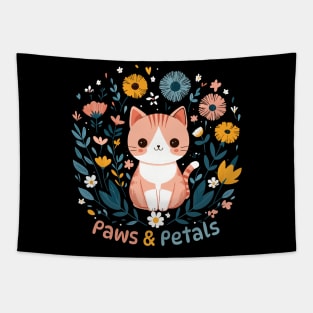 Paws and Petals | Cute smiley Kitty Cat in a Flower Garden | Cat lover design Tapestry