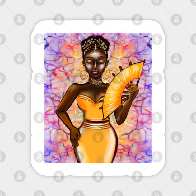 Queen Black is beautiful black girl with Gold earrings, necklace,  tiara, dress and fan with dark brown skin ! Magnet by Artonmytee