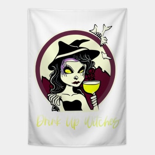 Drink Up Witches Halloween Wine Lover Lime Green Tapestry