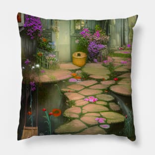 Sparkling Fantasy Cottage with Lights and Glitter Background in Forest, Scenery Nature Pillow