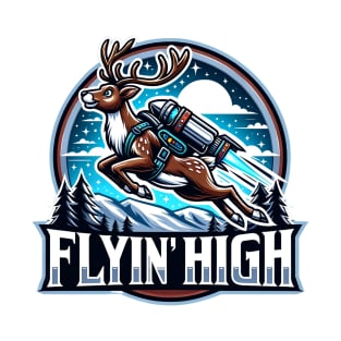 Flyin' High - Reindeer Soaring with Jetpack T-Shirt