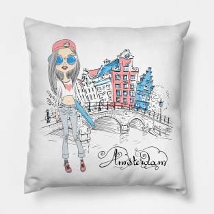 Beautiful fashion girl in Amsterdam Pillow