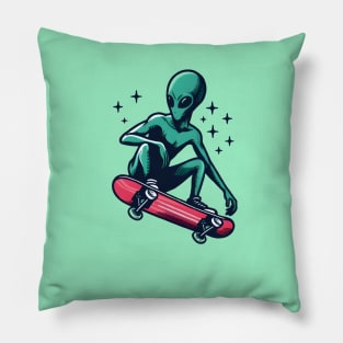 Skate into the Unknown: Whimsical Alien Skateboard Art Prints for an Otherworldly Ride! Pillow