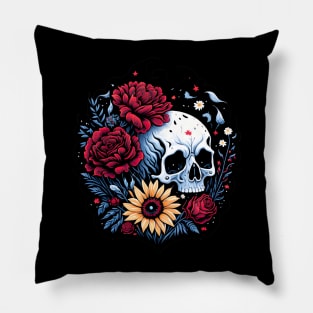 Spooky skull with red roses and sunflower floral Pillow