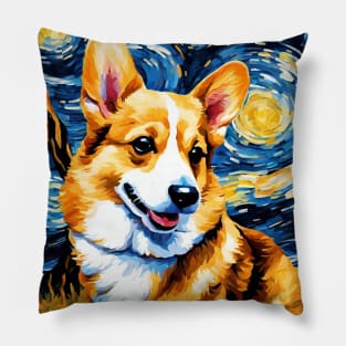 Adorable Pembroke Welsh Corgi Dog Breed Painting in a Van Gogh Starry Night Art Style Pillow