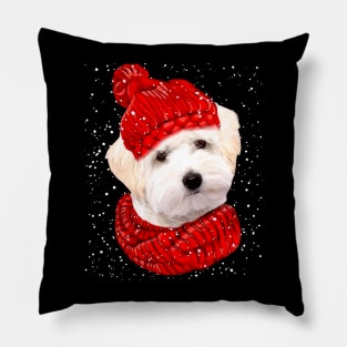 White Maltipoo Wearing Red Hat And Scarf Christmas Pillow