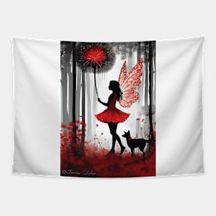 Enchanting Moments: Girl in Red with Giant Dandelion and Furry Friend Tapestry