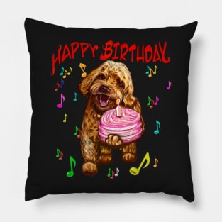 Happy birthday greetings, - Cavapoo puppy dog With birthday cake and candle  - cavalier king charles spaniel poodle, puppy love Pillow