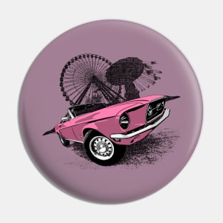 Pink 68 Mustang convertible against carnival backdrop Pin