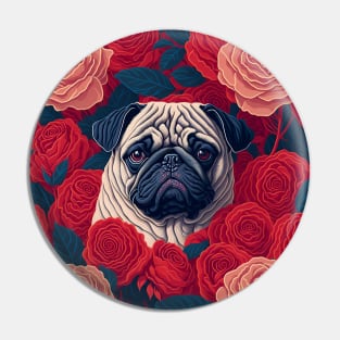 Dogs, pug and flowers, dog, style vector (red version 1 pug) Pin