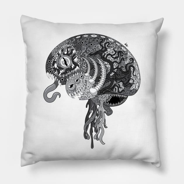 Eldritch Brain (Grayscale) Pillow by Munchbud Ink