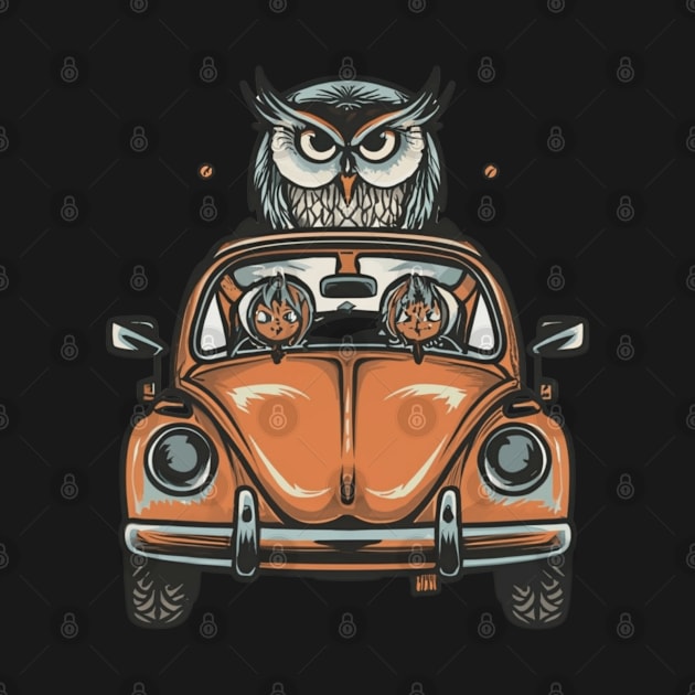 A wise owl cruising in a classic Volkswagen Beetle by designe stor 