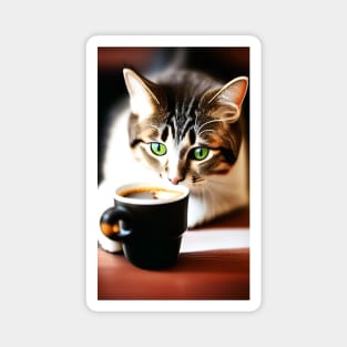 Cat Drinking Coffee Realistic Art Magnet