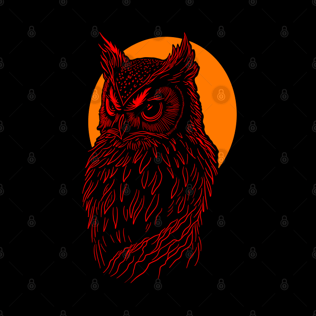 Red Owl design in front of orange full moon. by DaveDanchuk