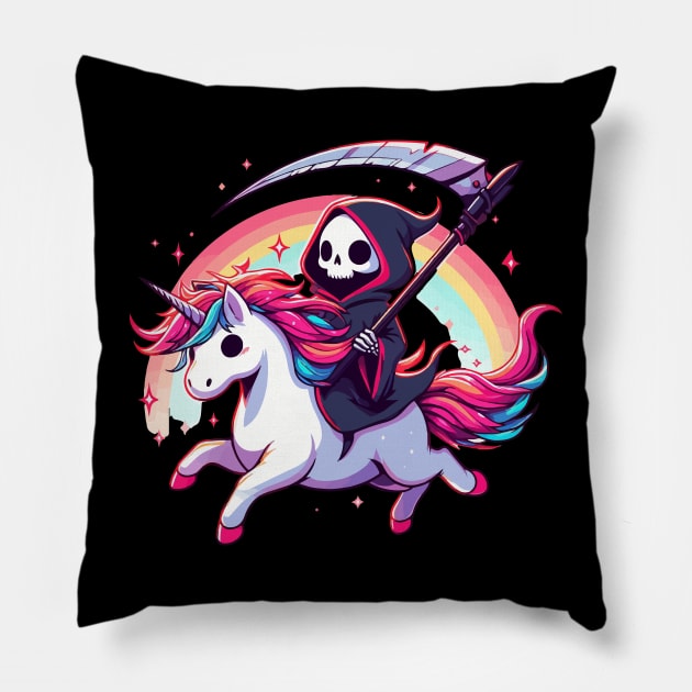 Grim Reaper Death Riding Rainbow Unicorn Pillow by TomFrontierArt