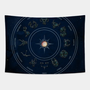 Zodiac sings on blue vintage background Tapestry