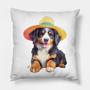 Watercolor Bernese Mountain Dog in Straw Hat Pillow