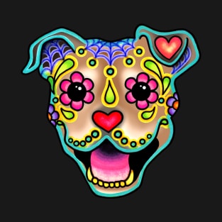 Smiling Pit Bull in Fawn - Day of the Dead Pitbull Sugar Skull Dog T-Shirt