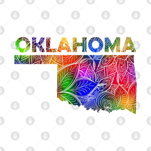 Colorful mandala art map of Oklahoma with text in multicolor pattern by Happy Citizen