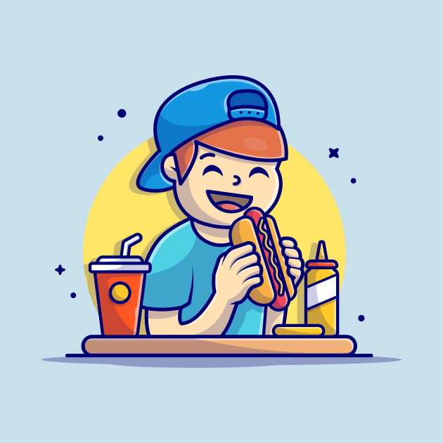 Happy Man Holding and Eating Hotdog with French Fries, Soda, and Mustard Cartoon Vector Icon Illustration by Catalyst Labs